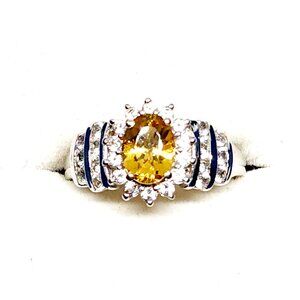 Brazilian Sunfire Beryl & White Zircon halo ring in Plat/over 925SS 3.50tcw sz 8